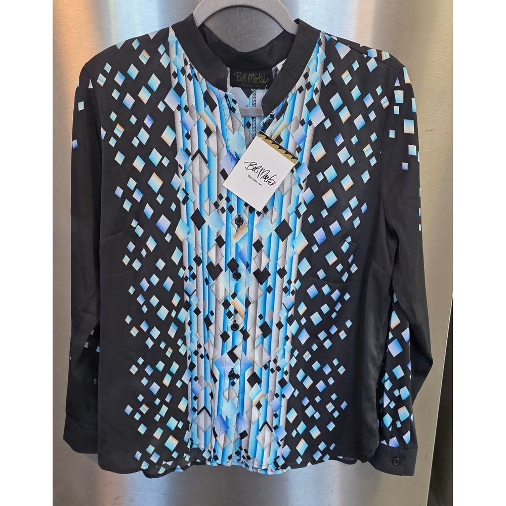 Bob Mackie Women Medium Button Down Shirt Black Blue Geometric Wearable Art